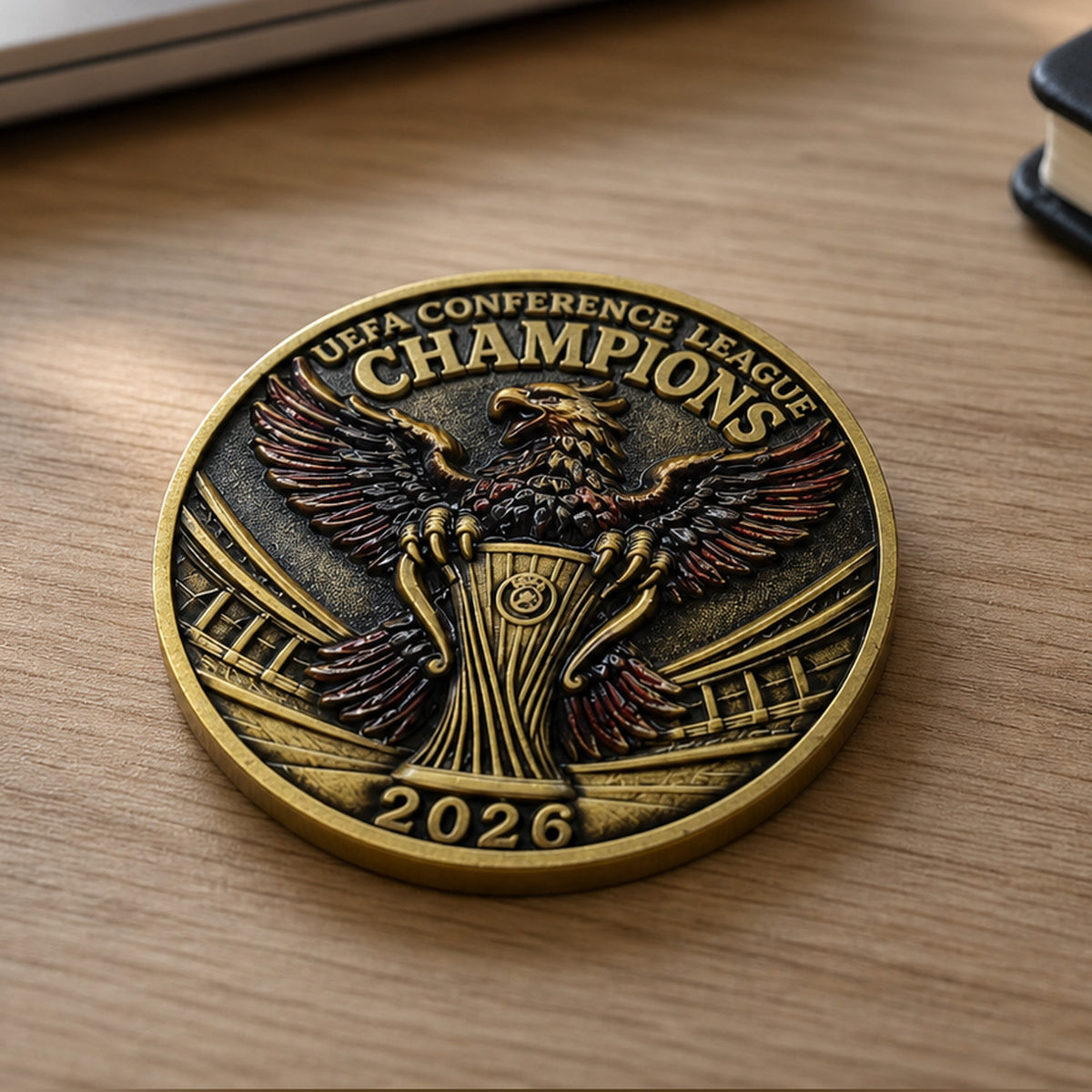 Moneda con inscripción Conference League Champions 2026 sobre una mesa.