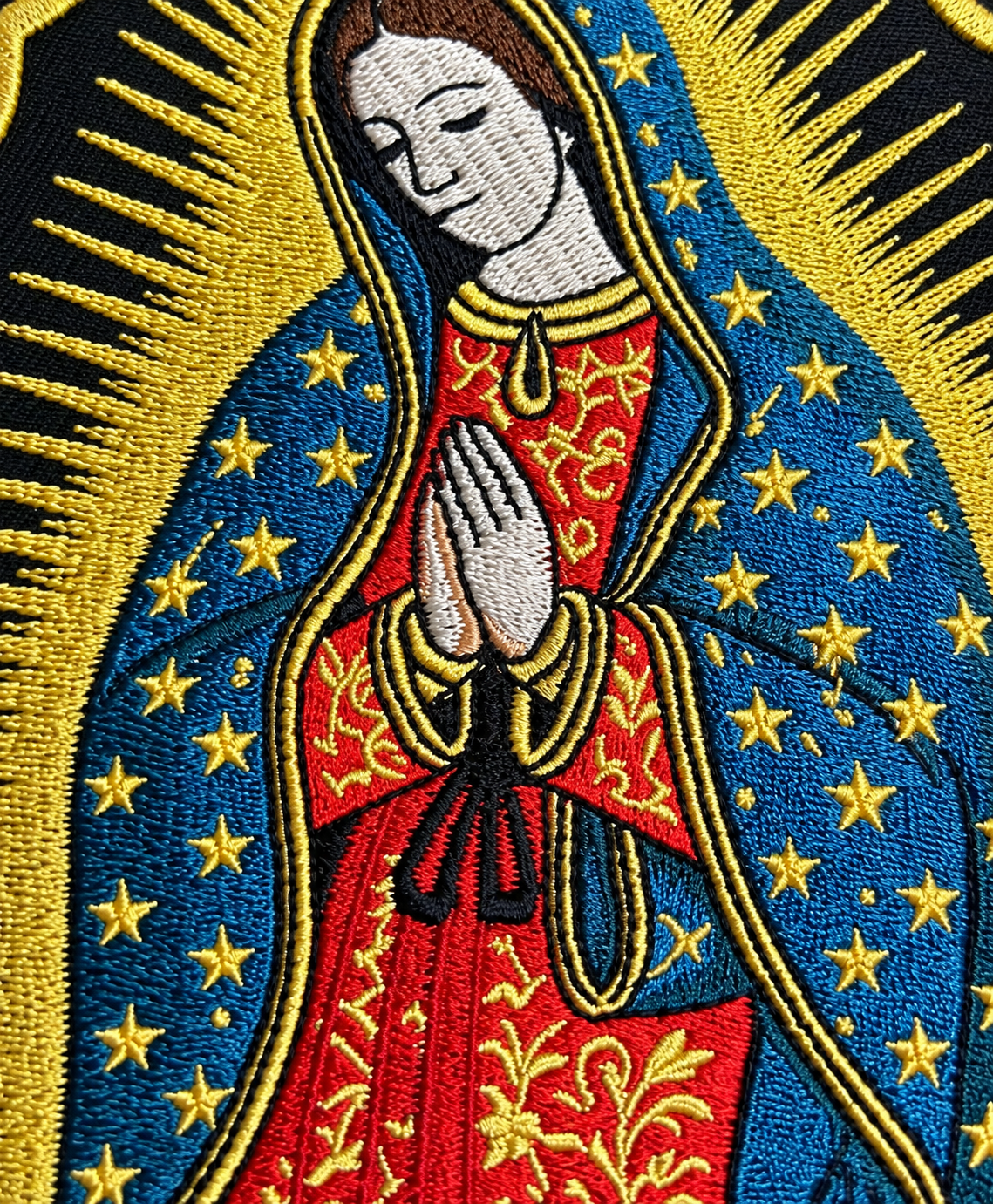 Parche Virgen de Guadalupe termoadhesivo EXTRA grande · 18,3 × 26 cm
