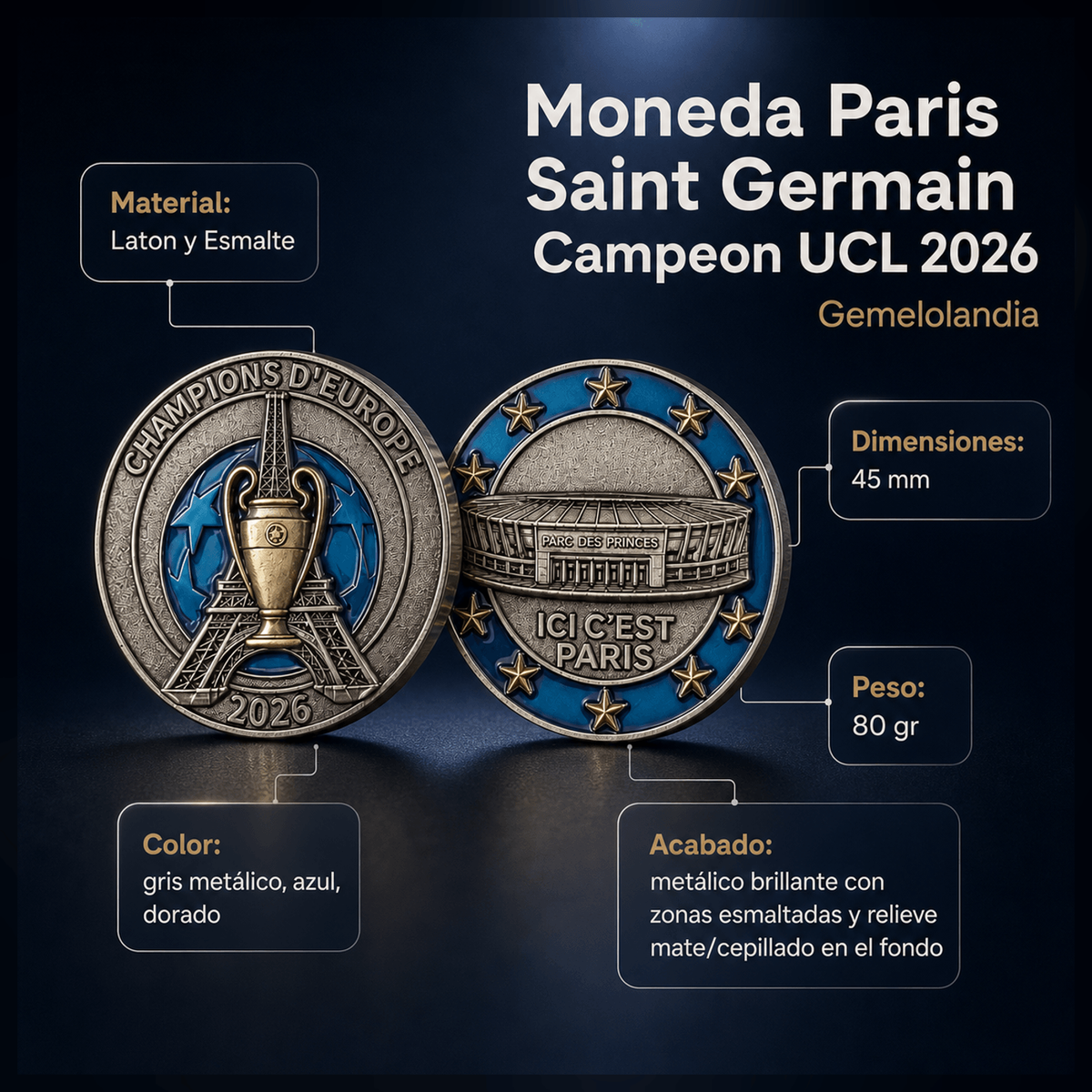 Gemelolandia Moneda Conmemorativa Campeones Champions League 2026 PSG 4,5cm
