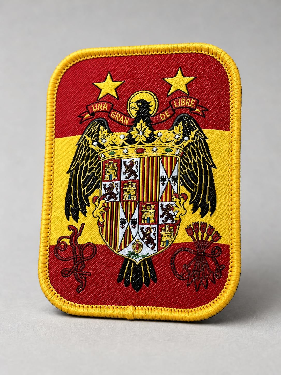 Parche Selección España Águila de San Juan con 2 Estrellas Bordado Woven 80x60 mm - Borde Amarillo, Hook and Loop, Para amantes del coleccionismo, Parche de fútbol
