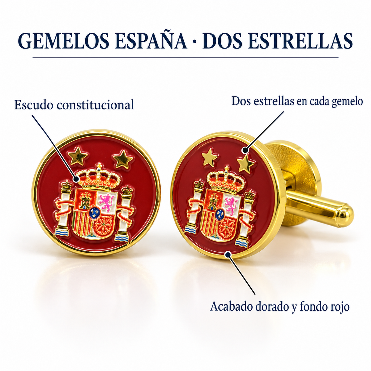 Gemelos de Camisa de España con escudo constitucional y dos estrellas — Acabado dorado