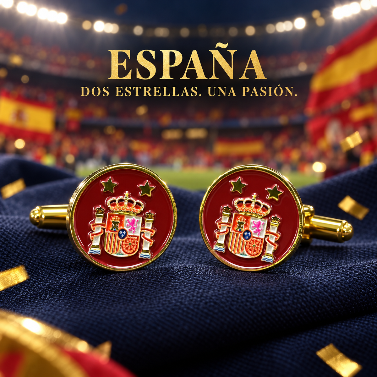 Gemelos de Camisa de España con escudo constitucional y dos estrellas — Acabado dorado