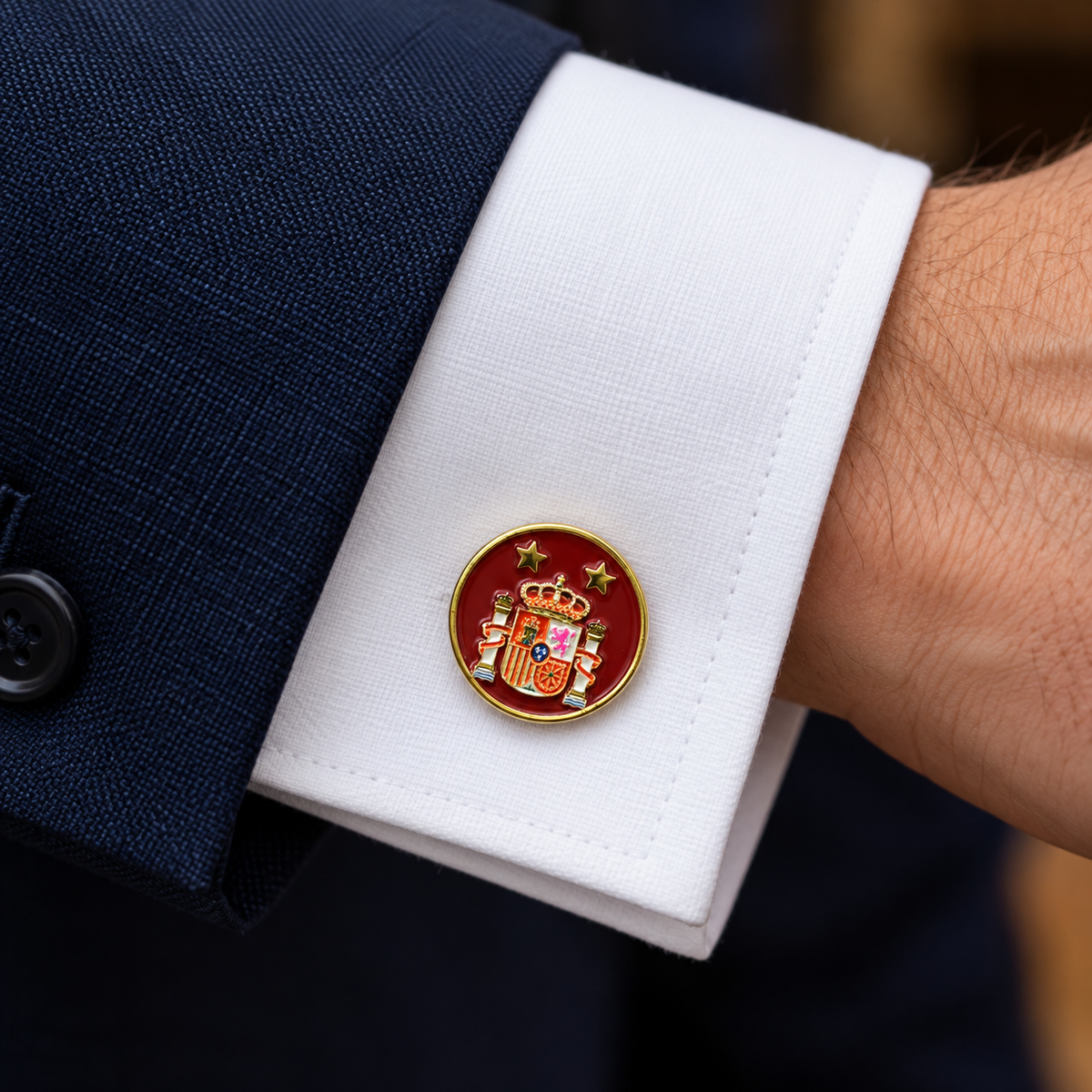 Gemelos de Camisa de España con escudo constitucional y dos estrellas — Acabado dorado
