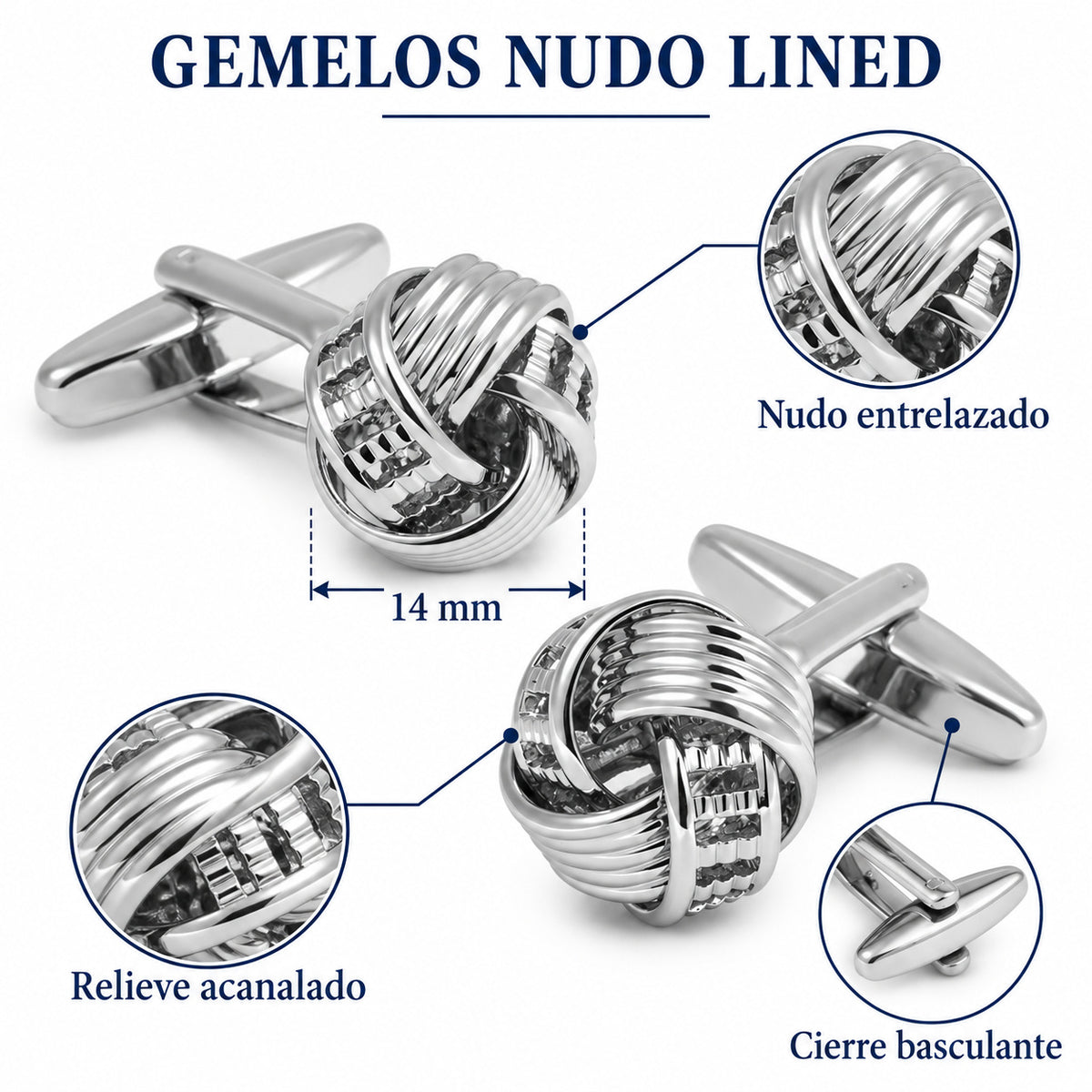 Gemelos de Camisa Nudo Plated Knot Lined 14mm