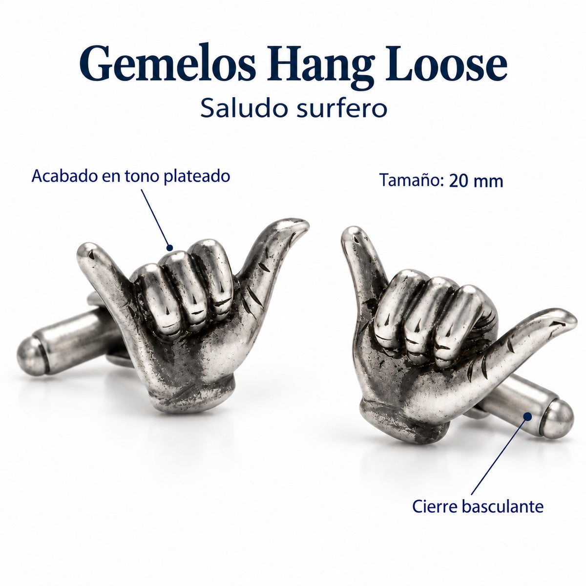 Gemelos de Camisa Saludo Surfero Hang Loose — 20 mm