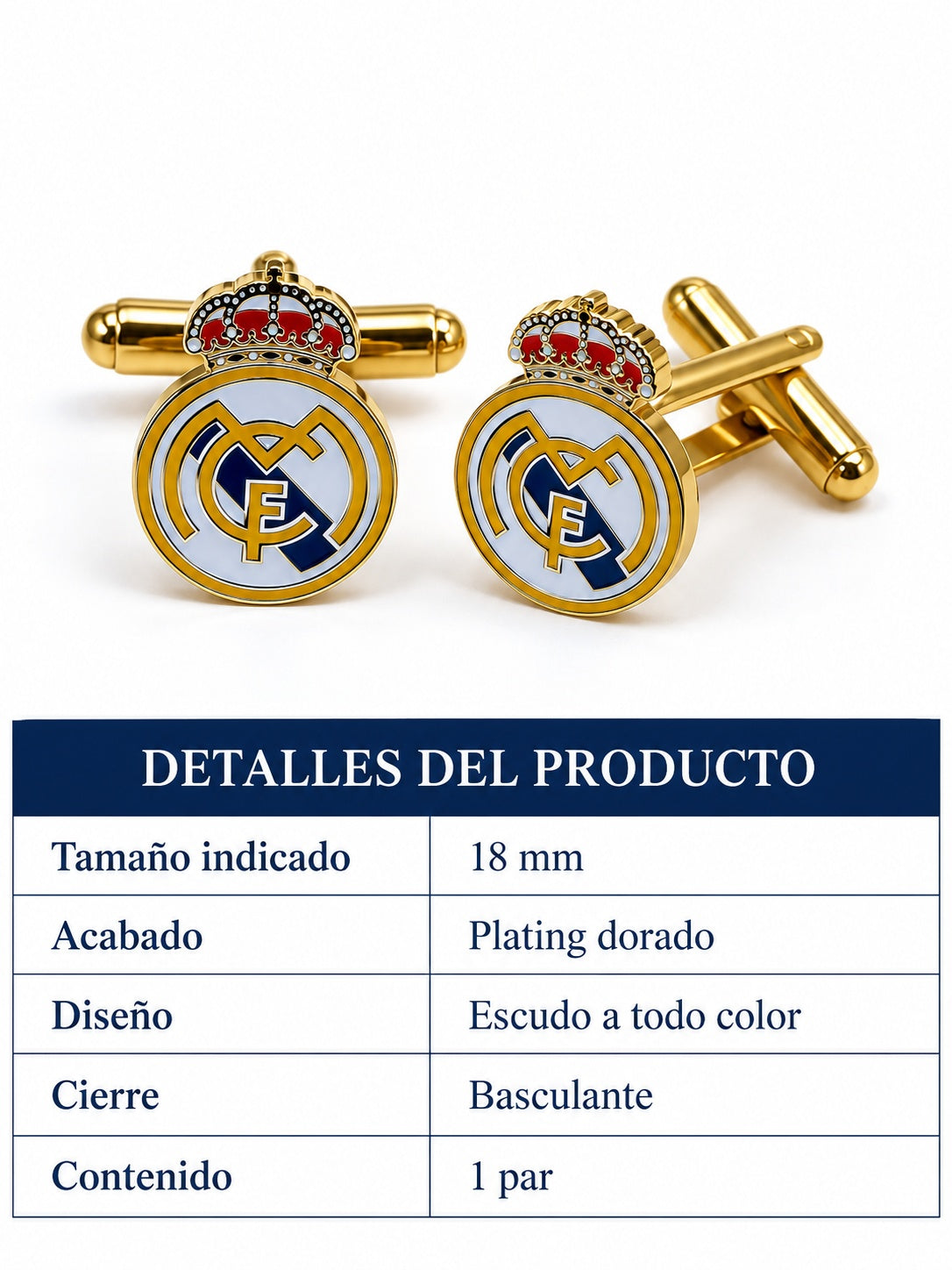 Gemelos para camisa Real Madrid — Acabado color Dorado