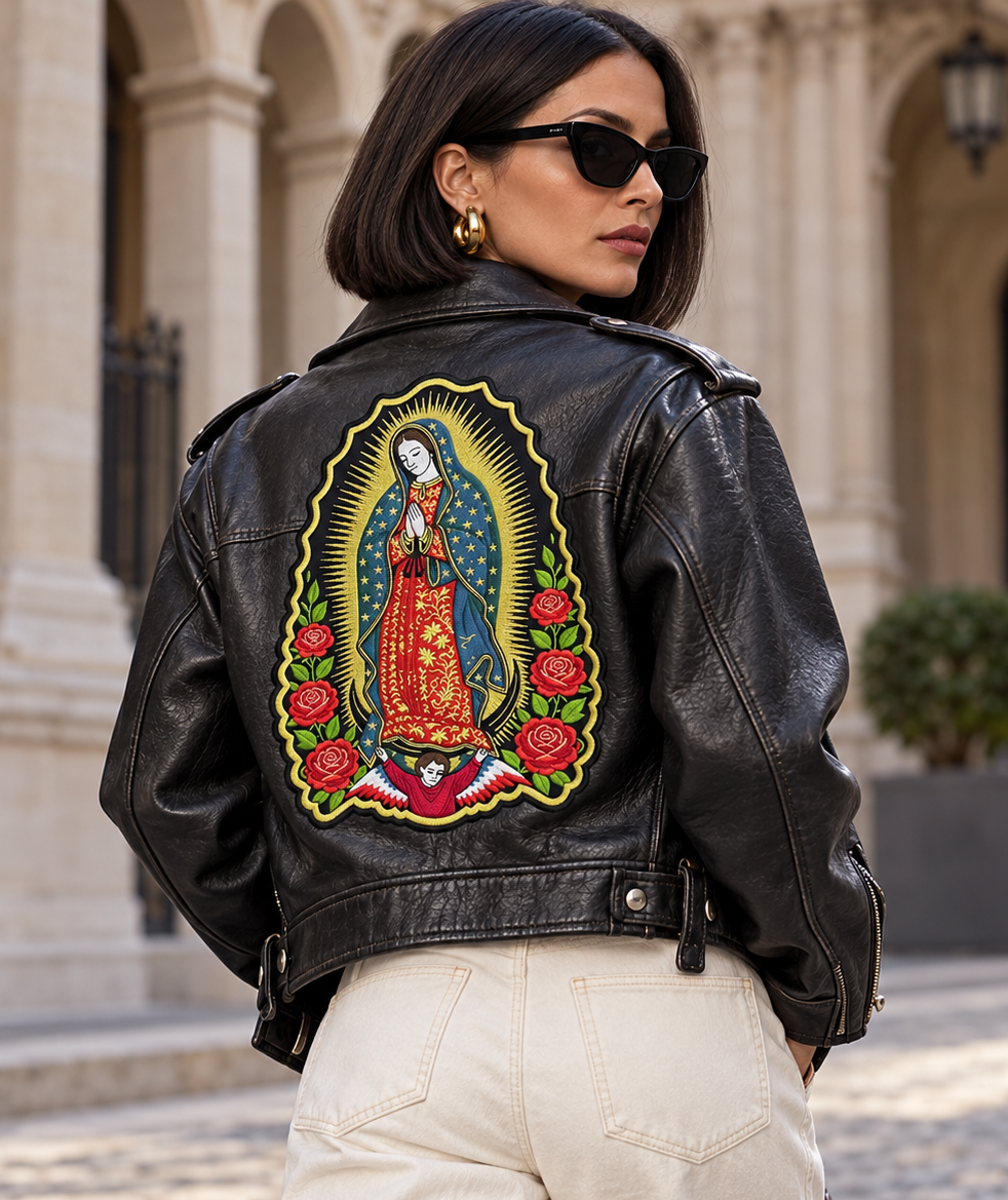 Parche Virgen de Guadalupe termoadhesivo EXTRA grande · 18,3 × 26 cm
