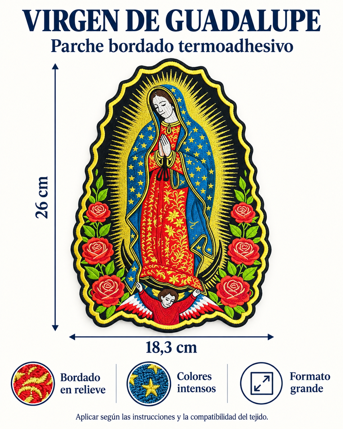 Parche Virgen de Guadalupe termoadhesivo EXTRA grande · 18,3 × 26 cm