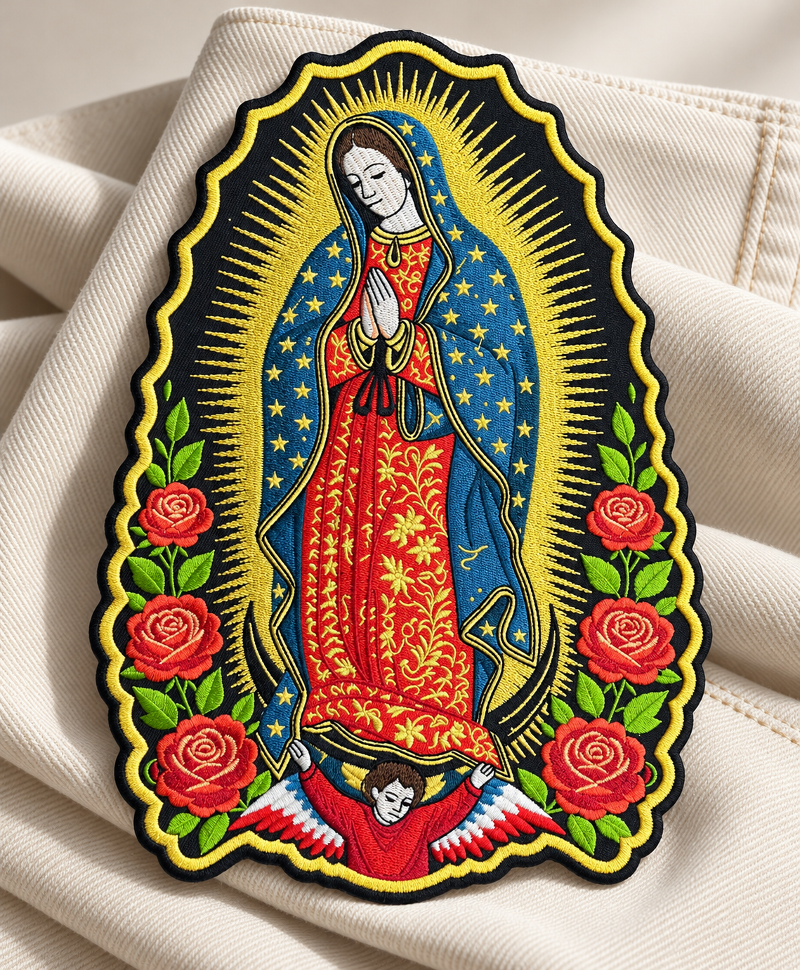 Parche Virgen de Guadalupe termoadhesivo EXTRA grande · 18,3 × 26 cm