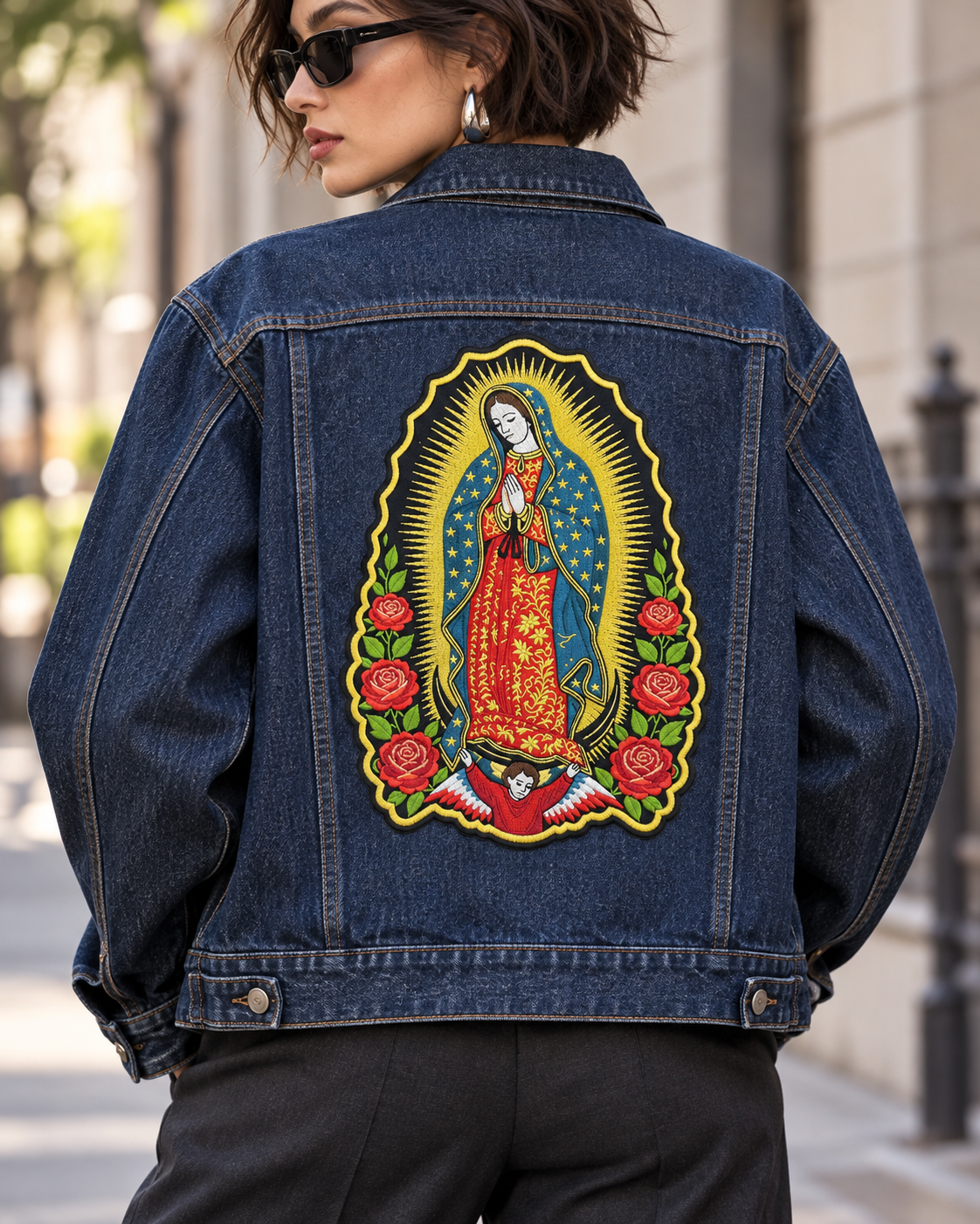 Parche Virgen de Guadalupe termoadhesivo EXTRA grande · 18,3 × 26 cm