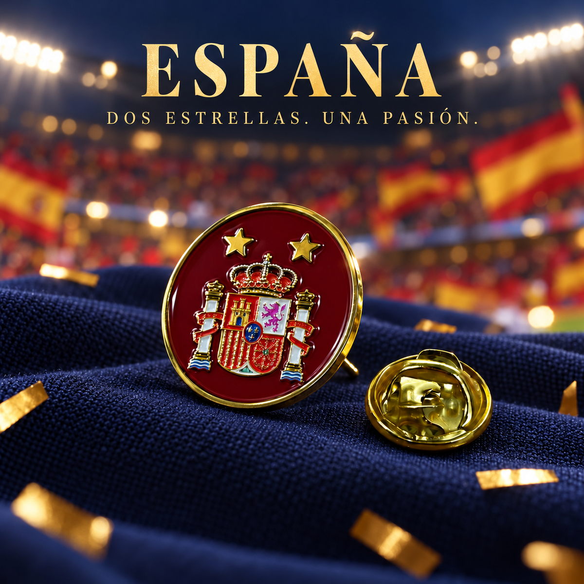 Pin de Solapa Esmaltado España con escudo constitucional y dos estrellas — Acabado dorado