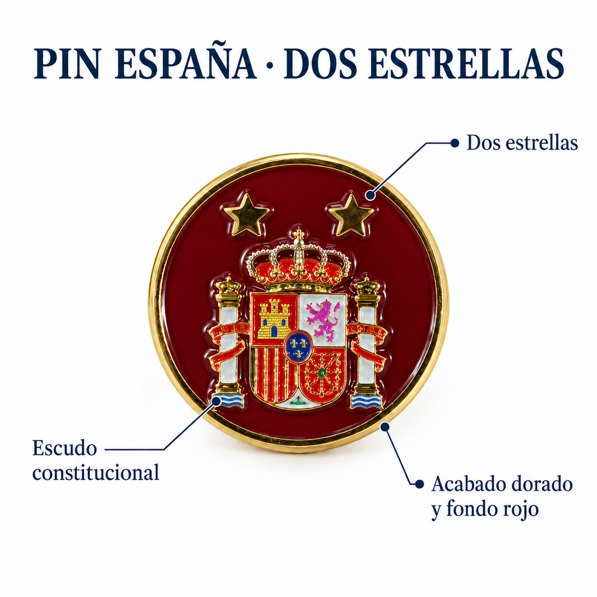 Pin de Solapa Esmaltado España con escudo constitucional y dos estrellas — Acabado dorado