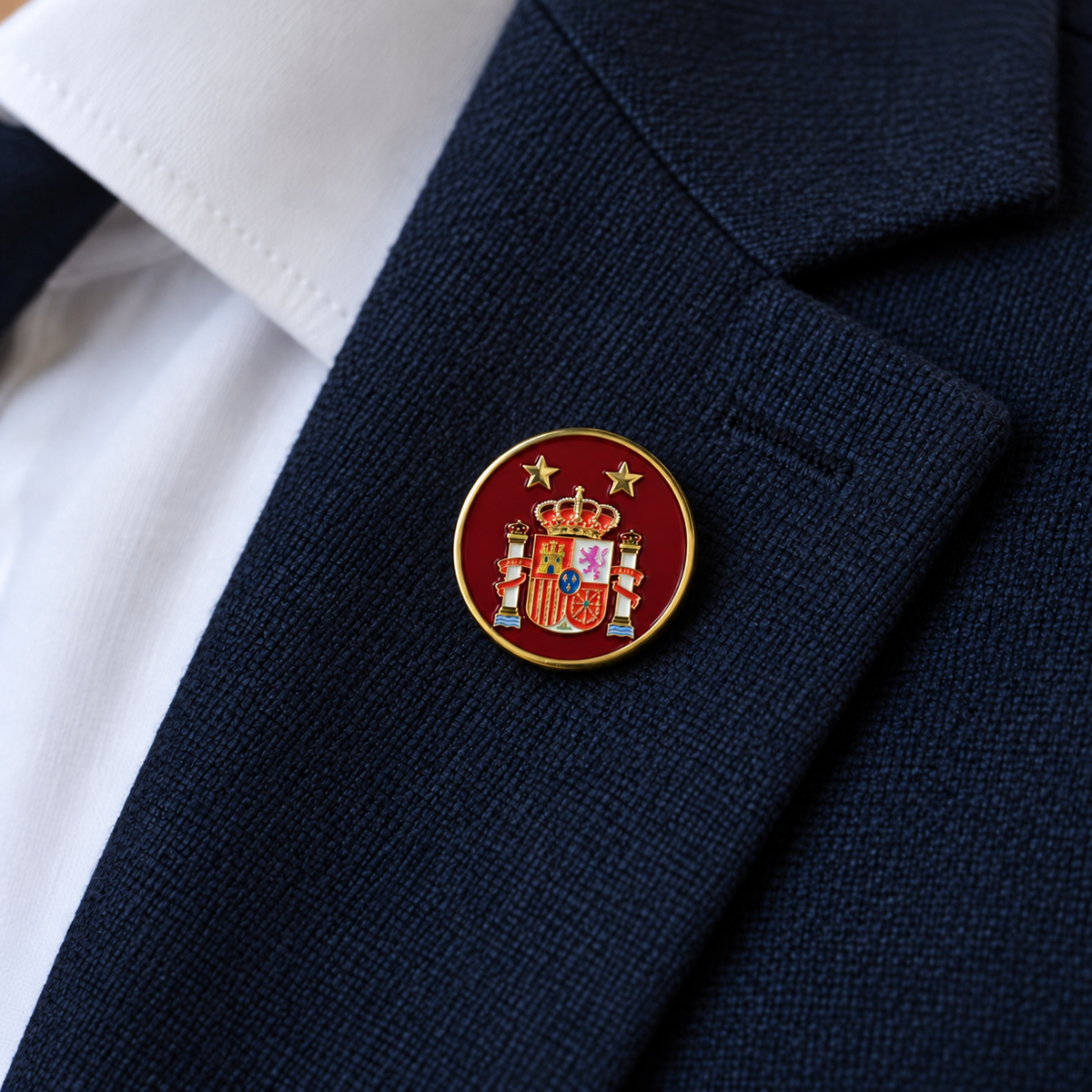 Pin de Solapa Esmaltado España con escudo constitucional y dos estrellas — Acabado dorado