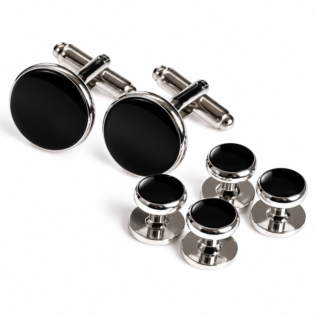 Stud Set Botones de Esmoquin y Gemelos Sterling Plated and Black Onix
