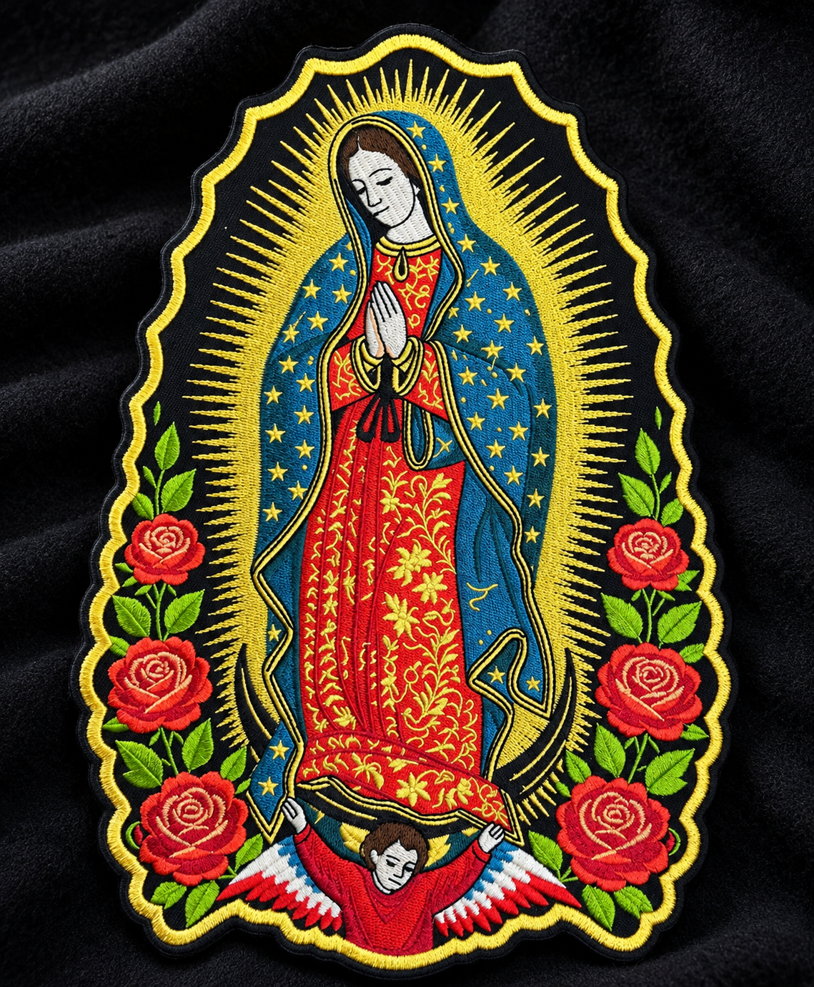 Parche Virgen de Guadalupe termoadhesivo EXTRA grande · 18,3 × 26 cm