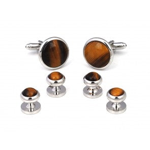 Stud Set Botones de Esmoquin y Gemelos Sterling Plated and Brown Stone