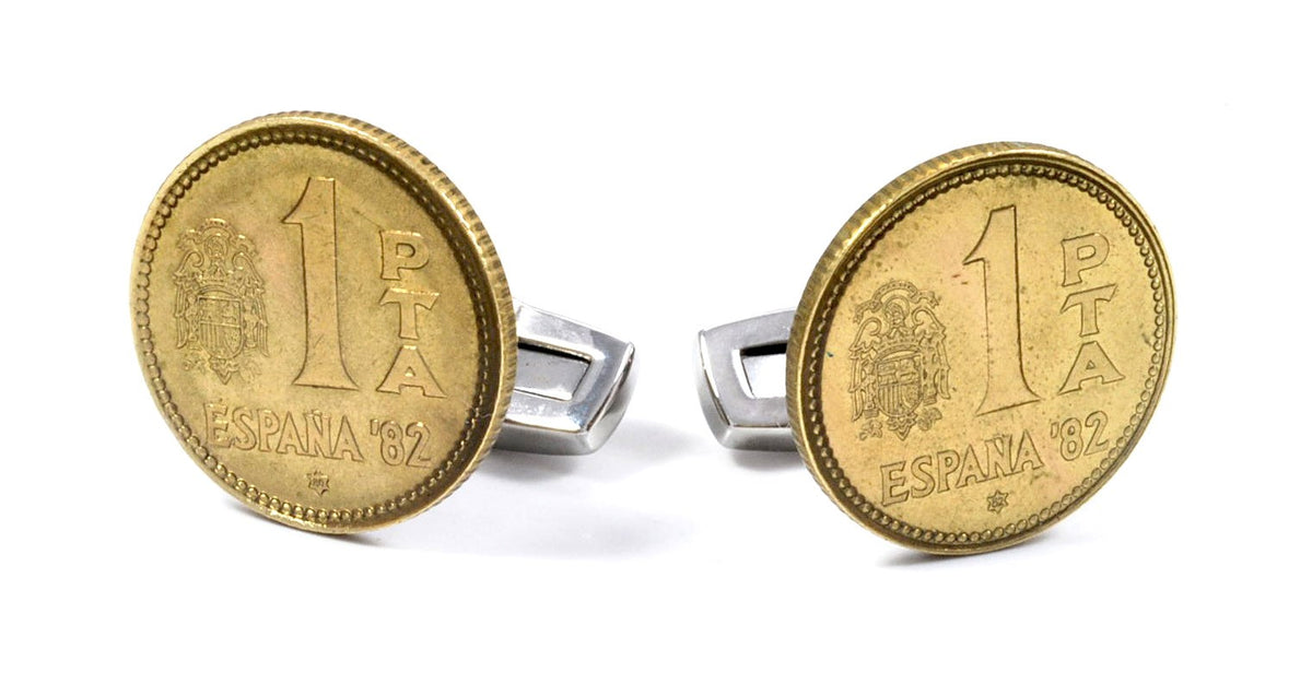 Gemelos para camisa moneda de una Peseta España 82 Rubia