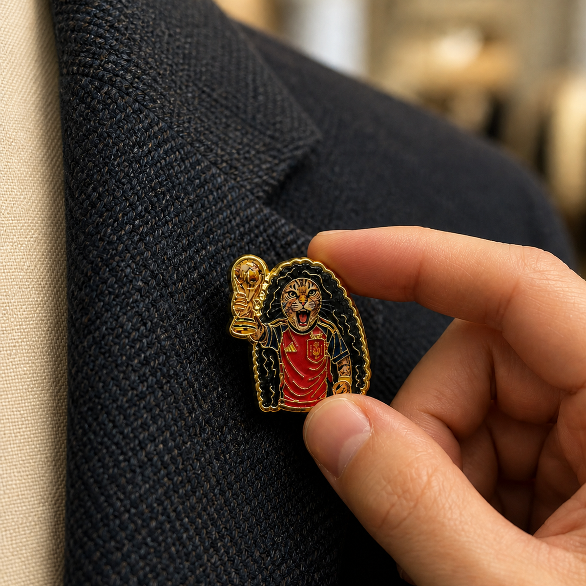 Pin de Solapa Esmaltado del Gato Cucurella con Uniforme de Fútbol Español. Pines de fútbol, pines de equipos de fútbol español