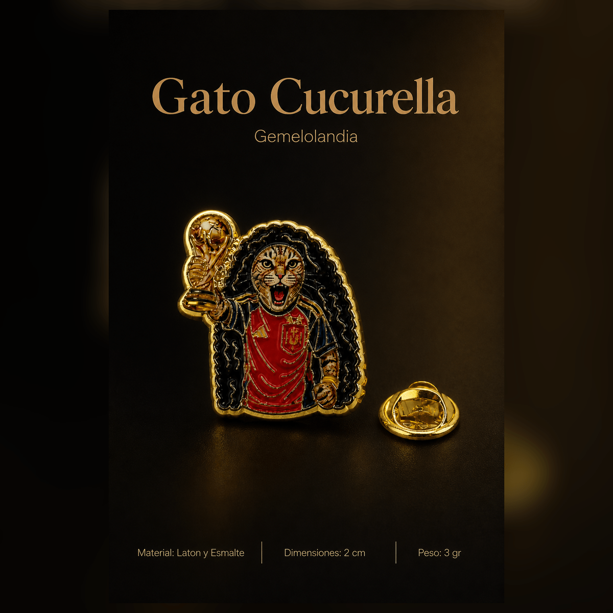 Pin de Solapa Esmaltado del Gato Cucurella con Uniforme de Fútbol Español. Pines de fútbol, pines de equipos de fútbol español