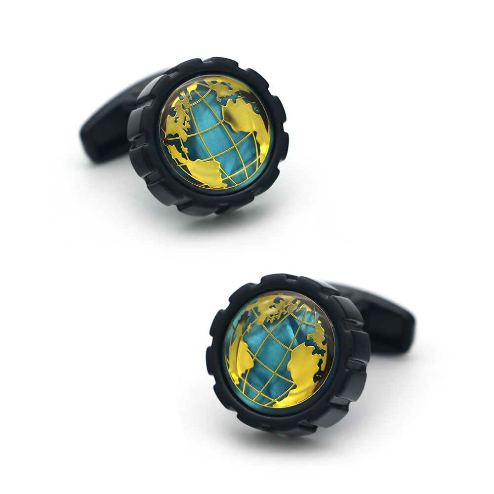 Gemelos de camisa del mapa del mundo en dorado y fondo azul nacarado - 17mm