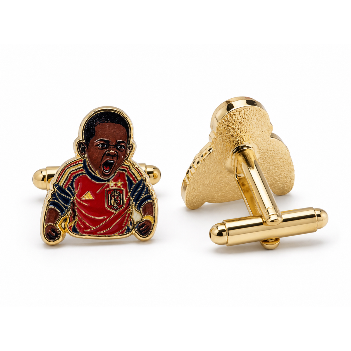 Gemelos de Camisa Divertidos Aficionado Futbol Keyne Gritando Hemano Pequeño Selección Española - Accesorios Traje Latón Dorado y Esmalte 1,7x2cm - Regalo Original para Hombres Colección