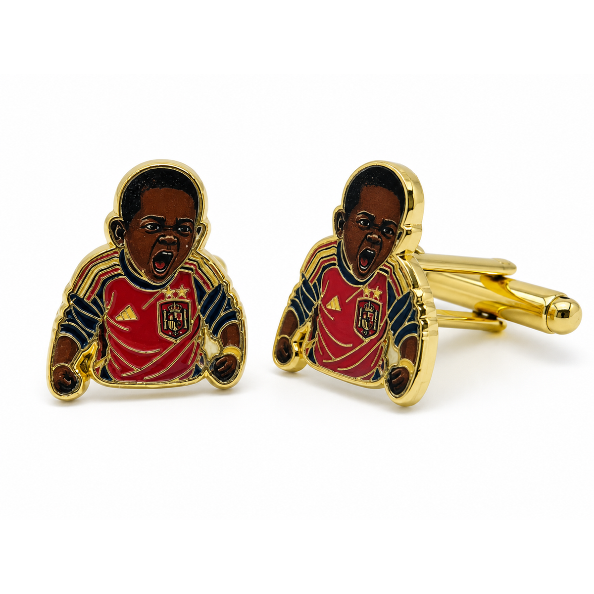 Gemelos de Camisa Divertidos Aficionado Futbol Keyne Gritando Hemano Pequeño Selección Española - Accesorios Traje Latón Dorado y Esmalte 1,7x2cm - Regalo Original para Hombres Colección