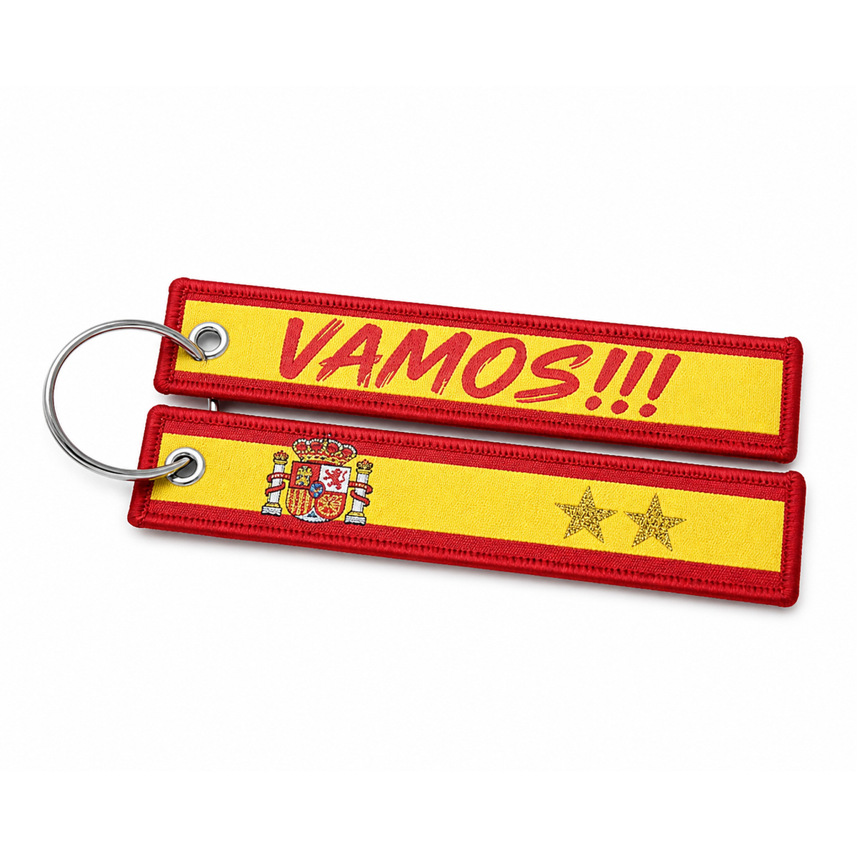 Llavero de Tela Bordado España Campeona 2 Estrellas 13x3cm - Cinta Aviación Vamos Escudo Bandera Roja y Amarilla - Regalo de Fútbol Afición Deportiva Coche Moto Mochila