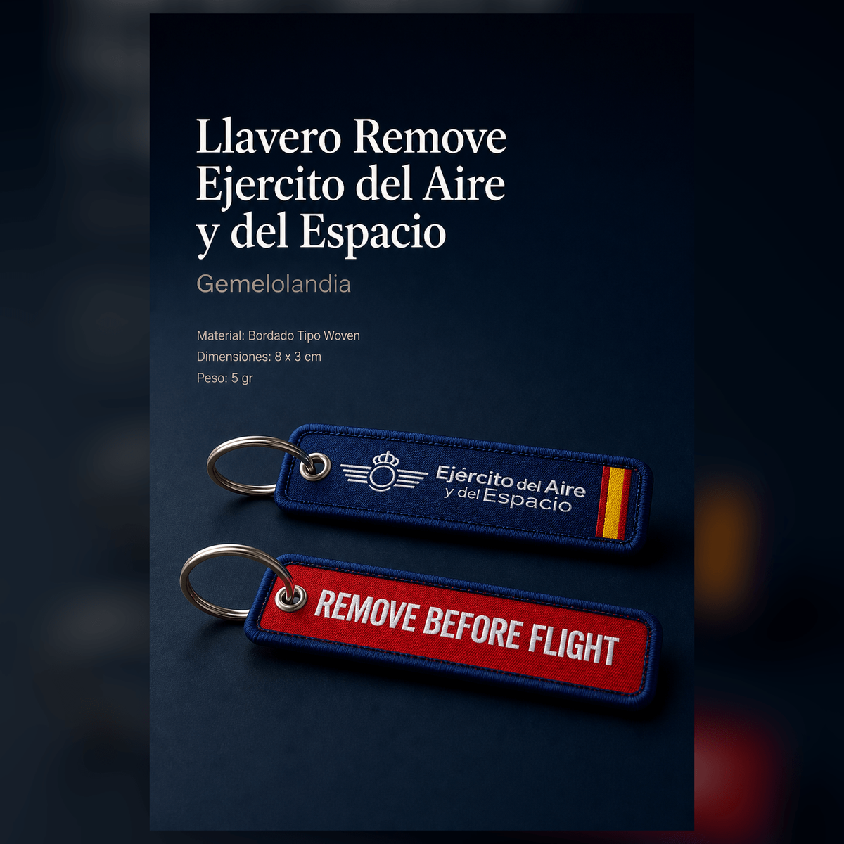 Llavero de Tela Bordado Ejercito del Aire y del Espacio 8x3cm REMOVE BEFORE FLIGHT