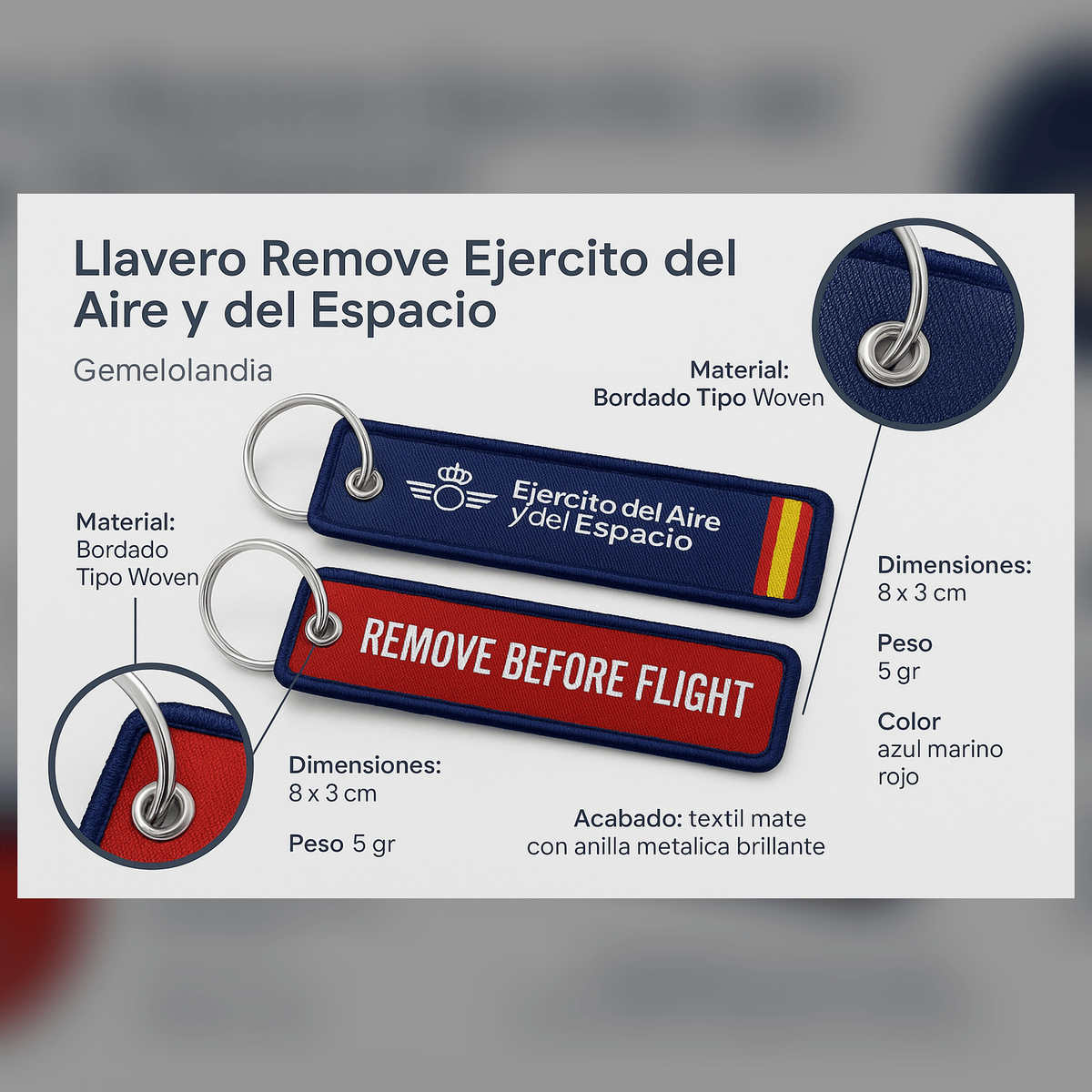 Llavero de Tela Bordado Ejercito del Aire y del Espacio 8x3cm REMOVE BEFORE FLIGHT