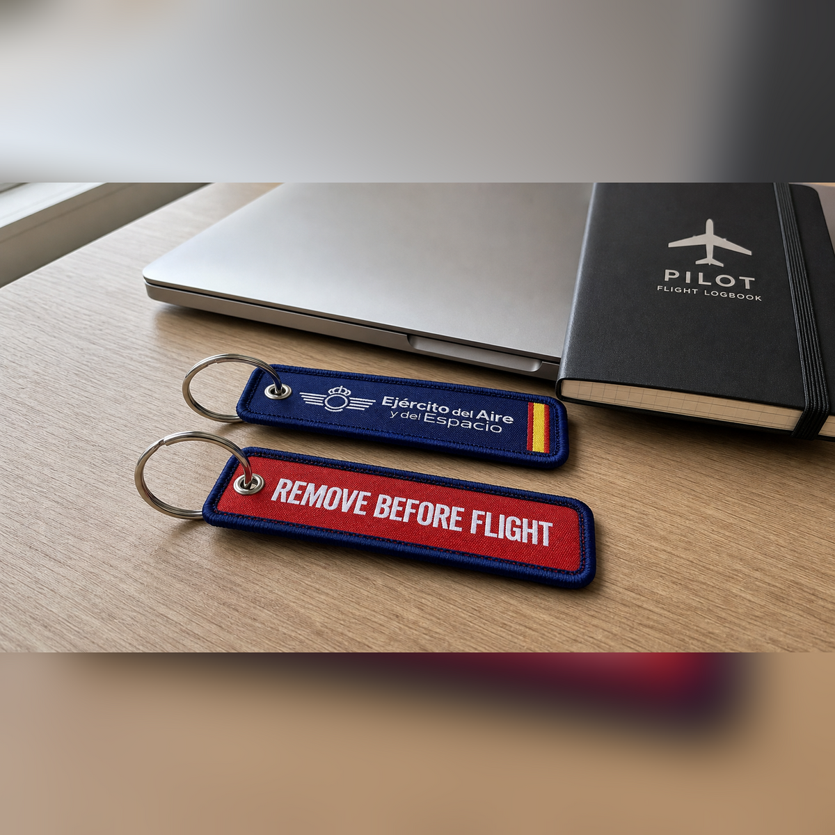 Llavero de Tela Bordado Ejercito del Aire y del Espacio 8x3cm REMOVE BEFORE FLIGHT