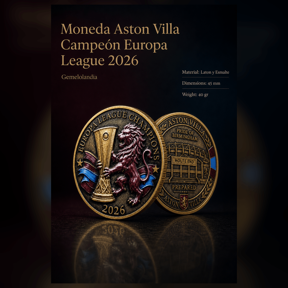 Moneda Conmemorativa Campeones Europa League Aston Villa 2026 4,5cm