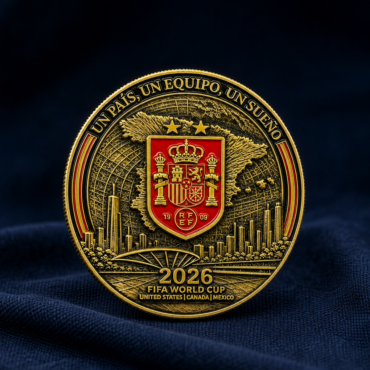 Moneda España Mundial 2026 con escudo en rojo y tonos dorados sobre fondo oscuro.