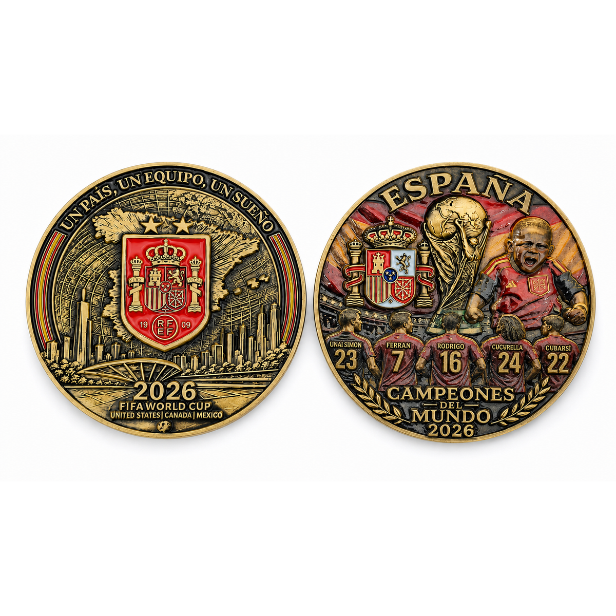 Diseño de ambas caras de la moneda de España Mundial 2026, con escudo, trofeo y futbolistas.