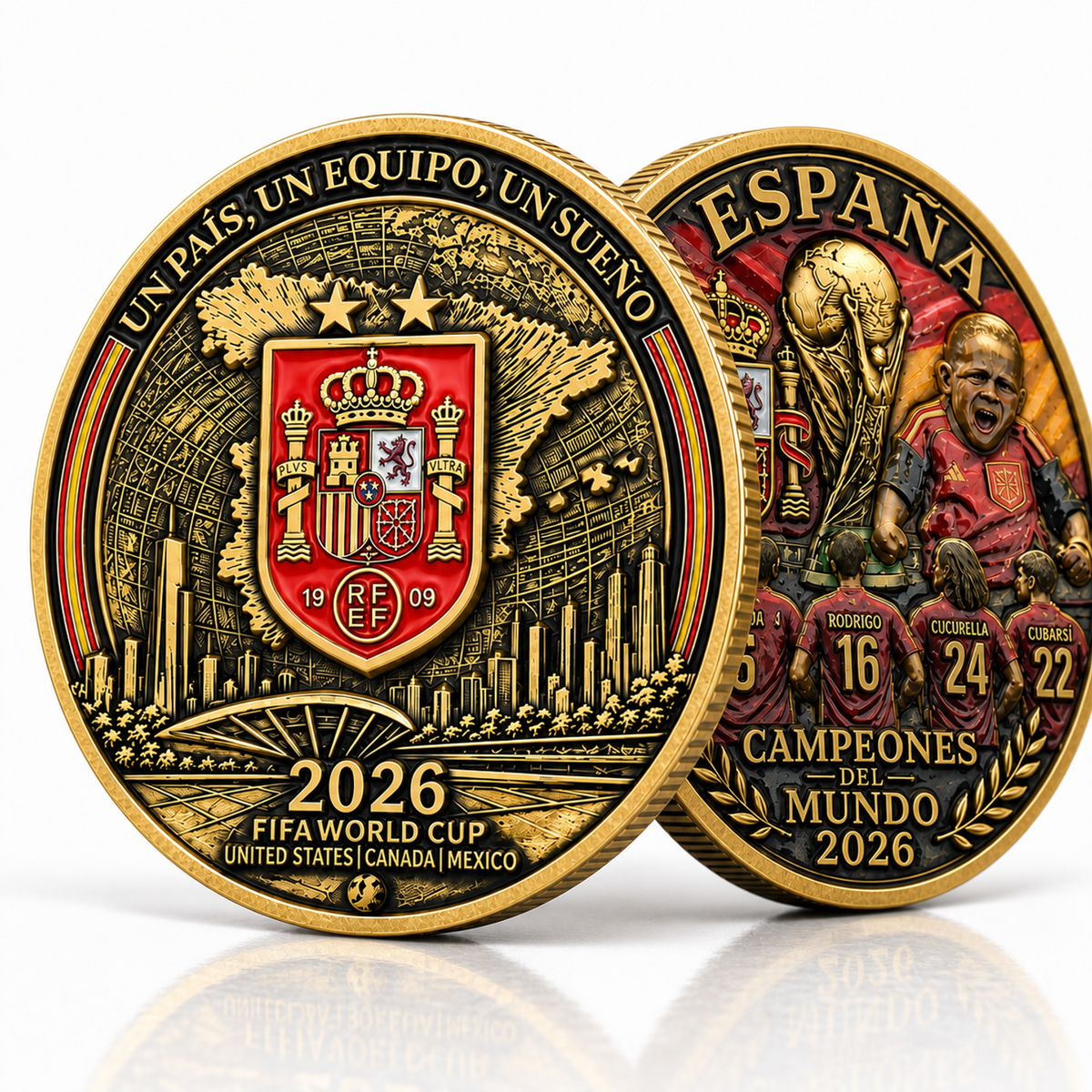 Vista inclinada de los diseños de la moneda España campeones del mundo 2026.
