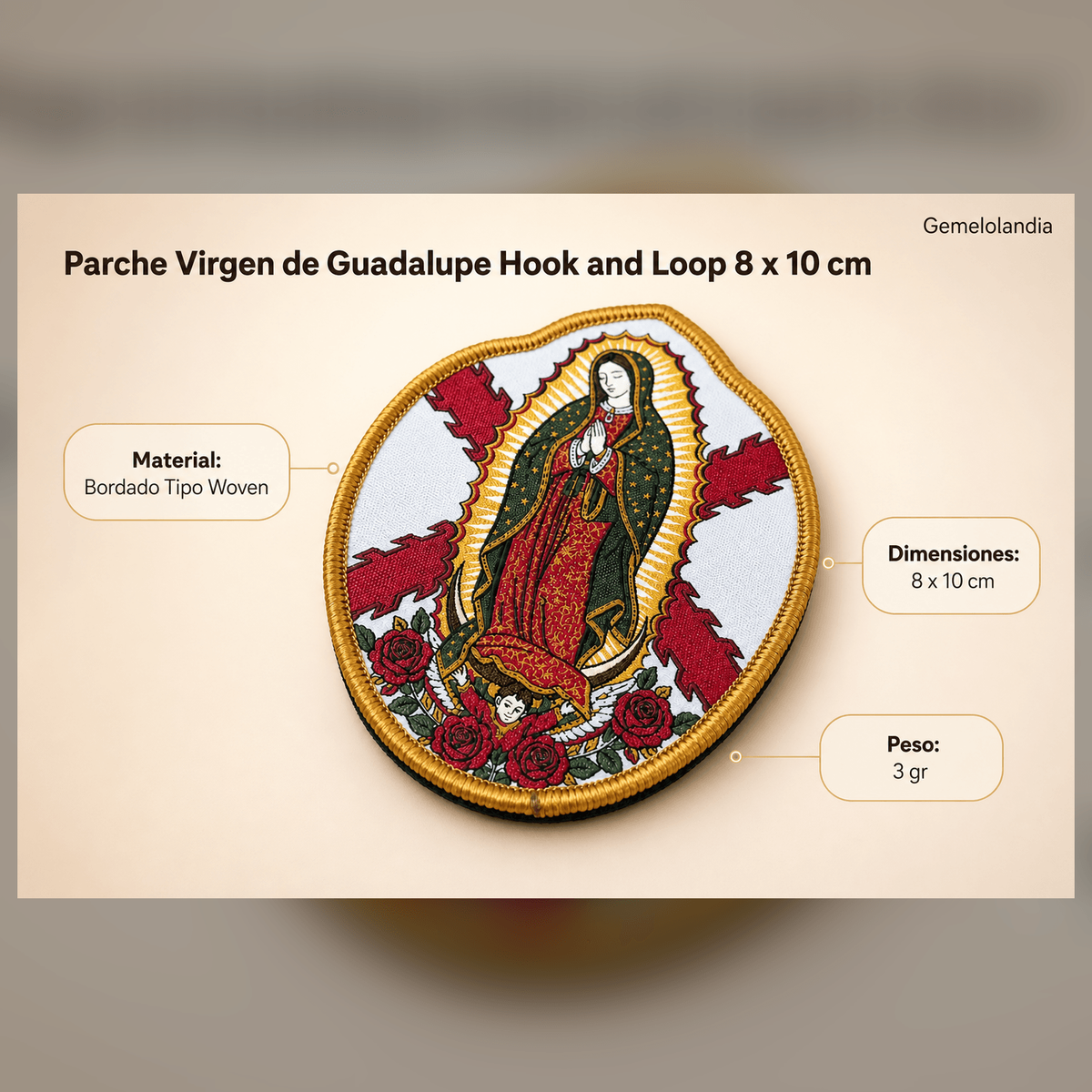 Parche Virgen de Guadalupe Cruz de Borgoña Hook and Loop 8 x 10 cm