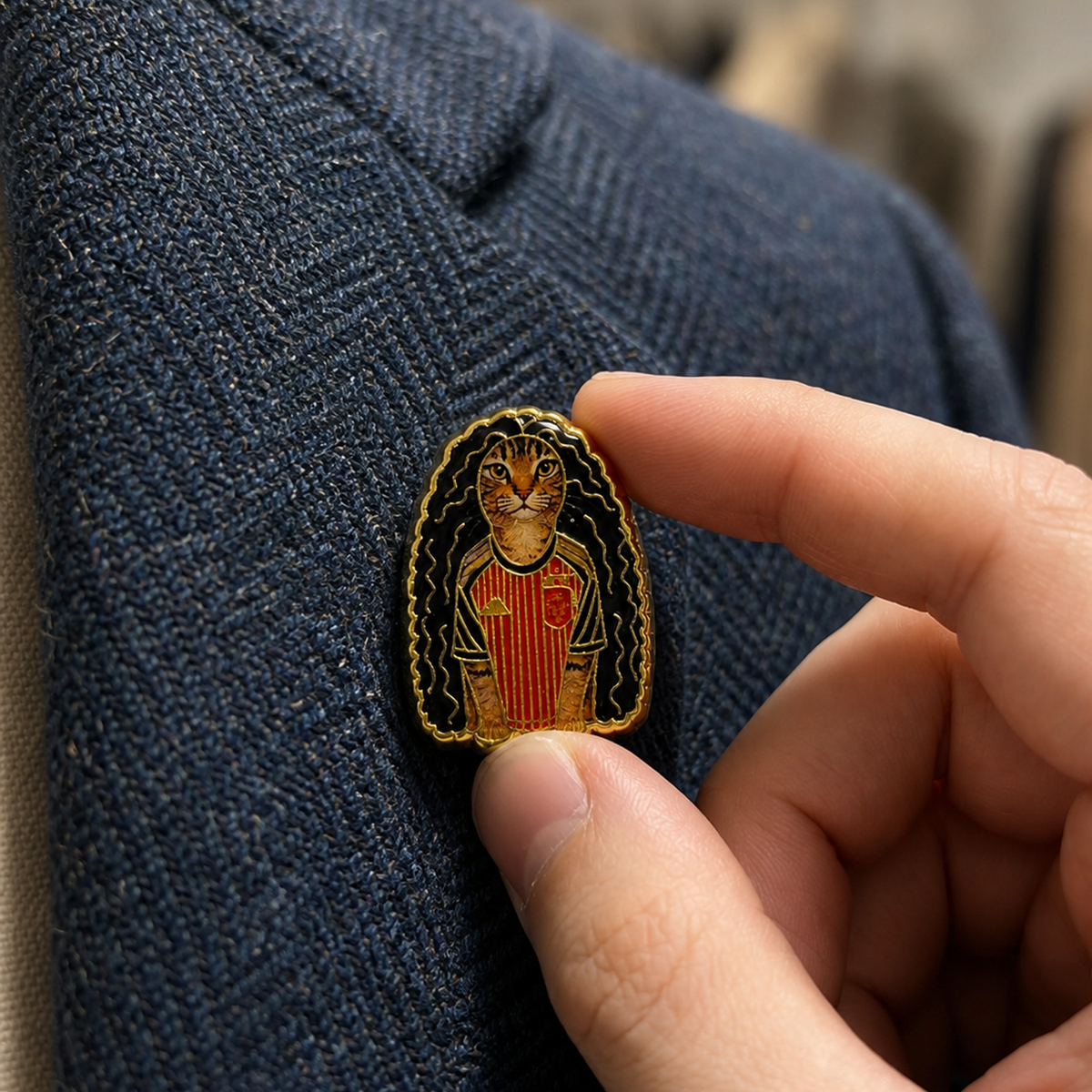 Pin de Solapa Esmaltado Gato Cucurella con Uniforme de Fútbol Español. Pines de fútbol, pines de equipos de fútbol español