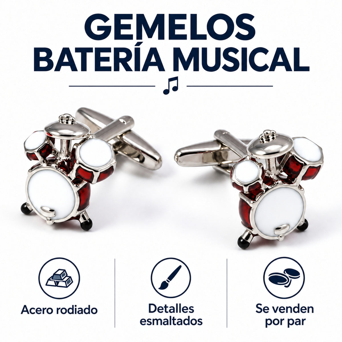 Gemelos Batería Musical Esmaltada. Infografía de características.