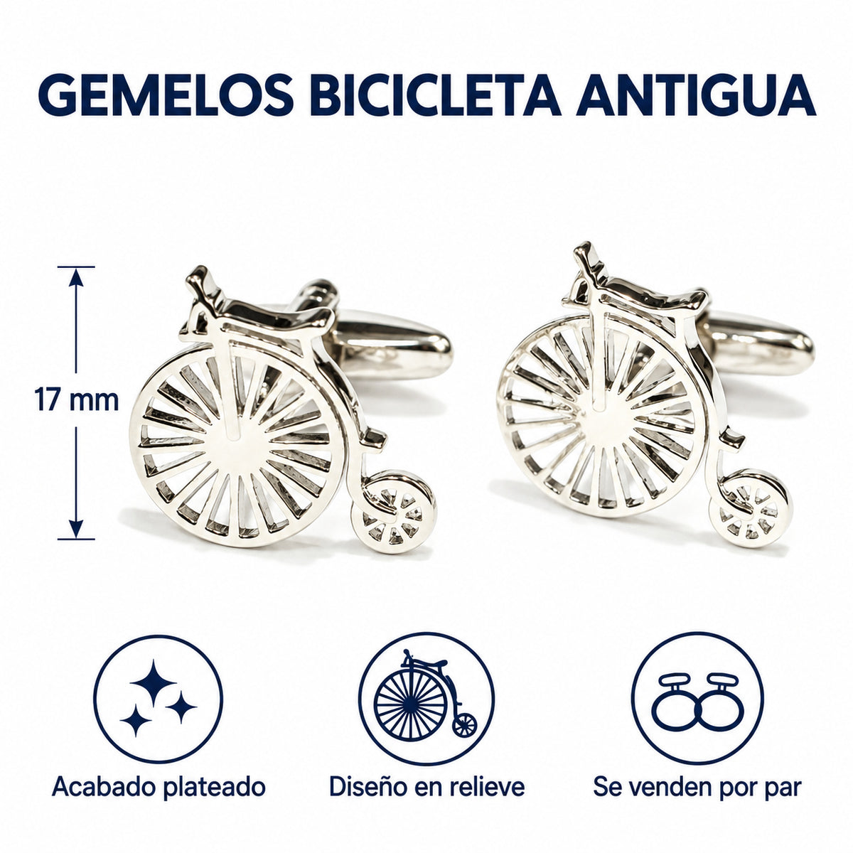 Gemelos de camisa Bicicleta Antigua Acero. Infografía de características verificadas.