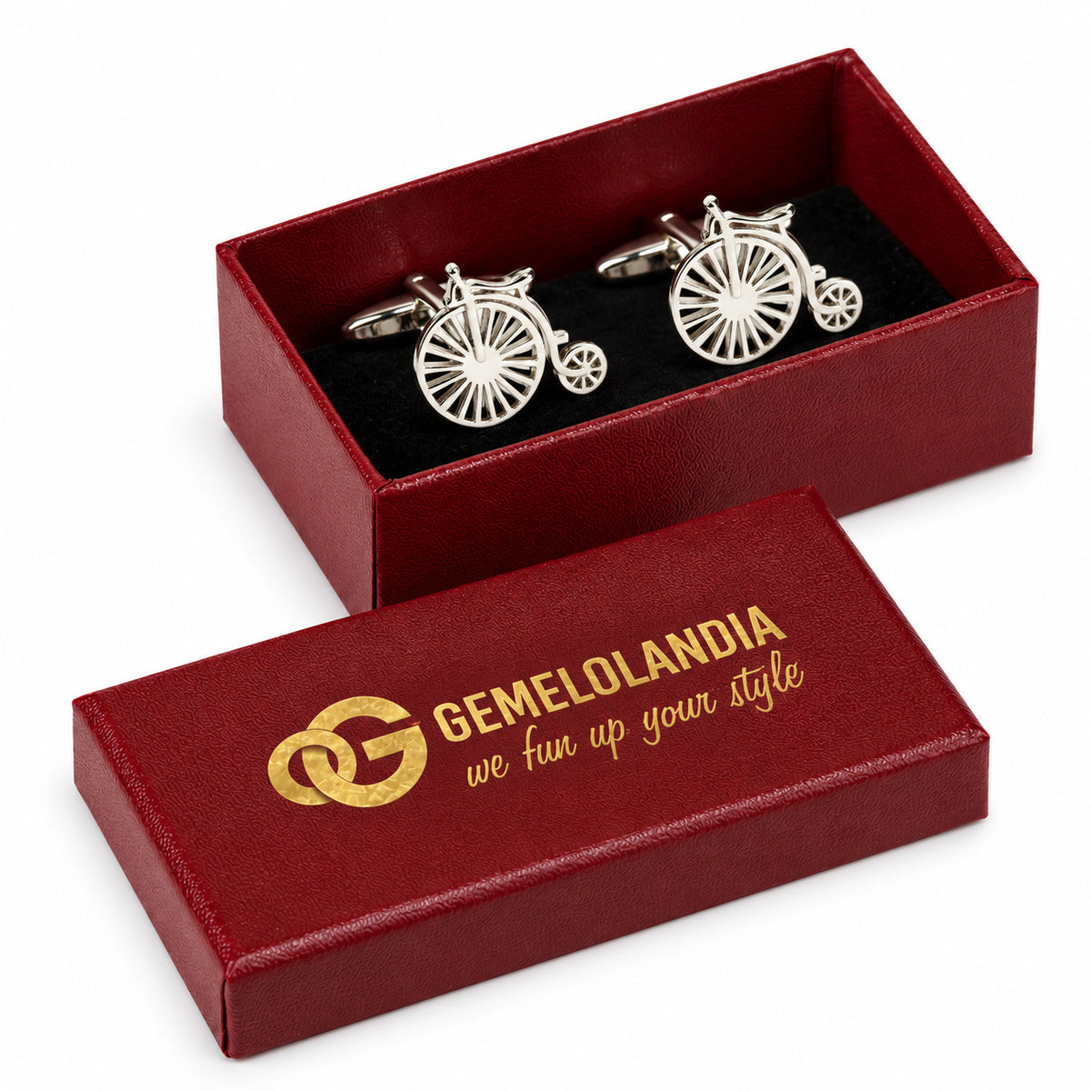 Gemelos de camisa Bicicleta Antigua Acero. Par en la caja burdeos Gemelolandia.