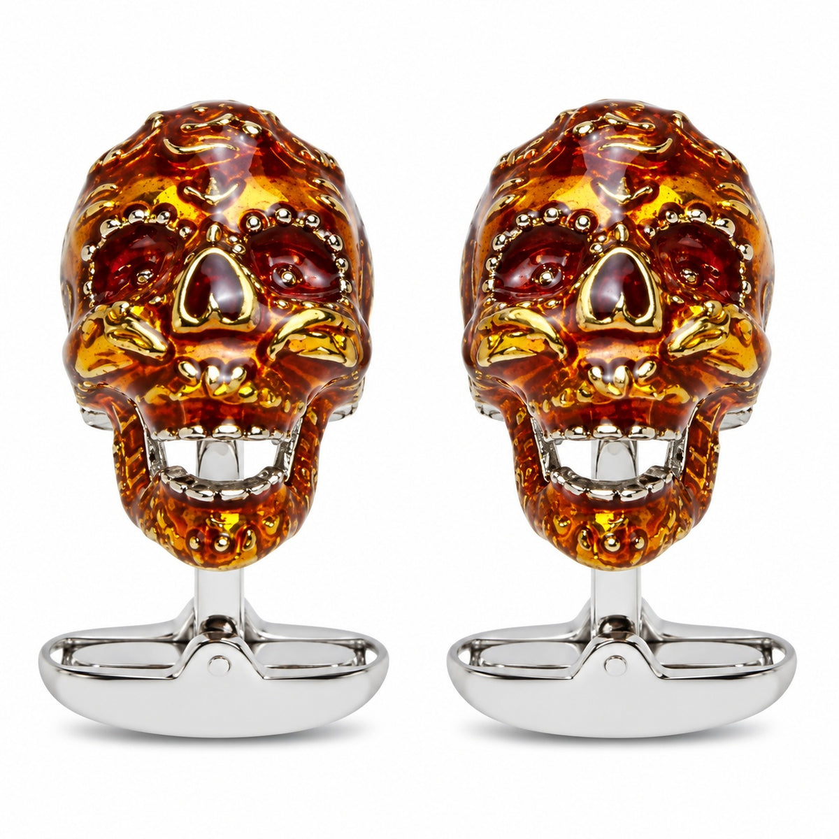Gemelos Calavera 3D High Detail con Esmalte Ámbar · 22 × 13 mm