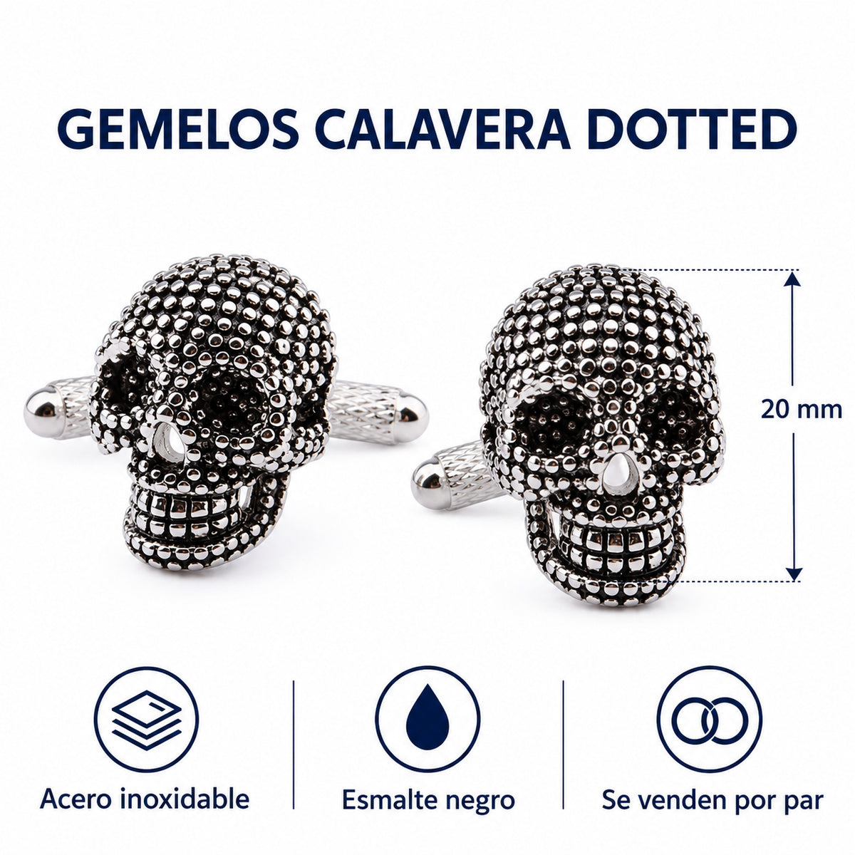 Gemelos para camisa Calavera Black and Steel Dotted. Infografía de características verificadas.