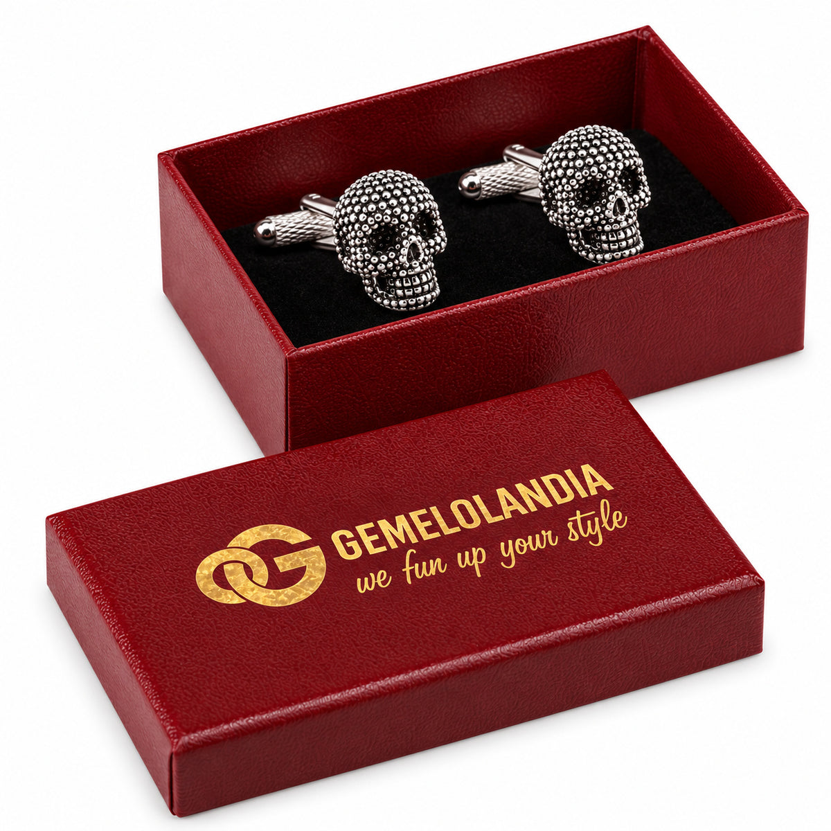 Gemelos para camisa Calavera Black and Steel Dotted. Par en la caja burdeos Gemelolandia.