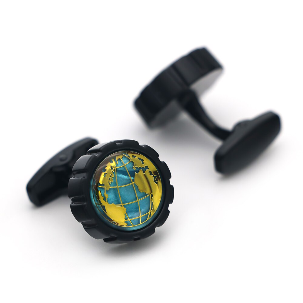 Gemelos de camisa del mapa del mundo en dorado y fondo azul nacarado - 17mm