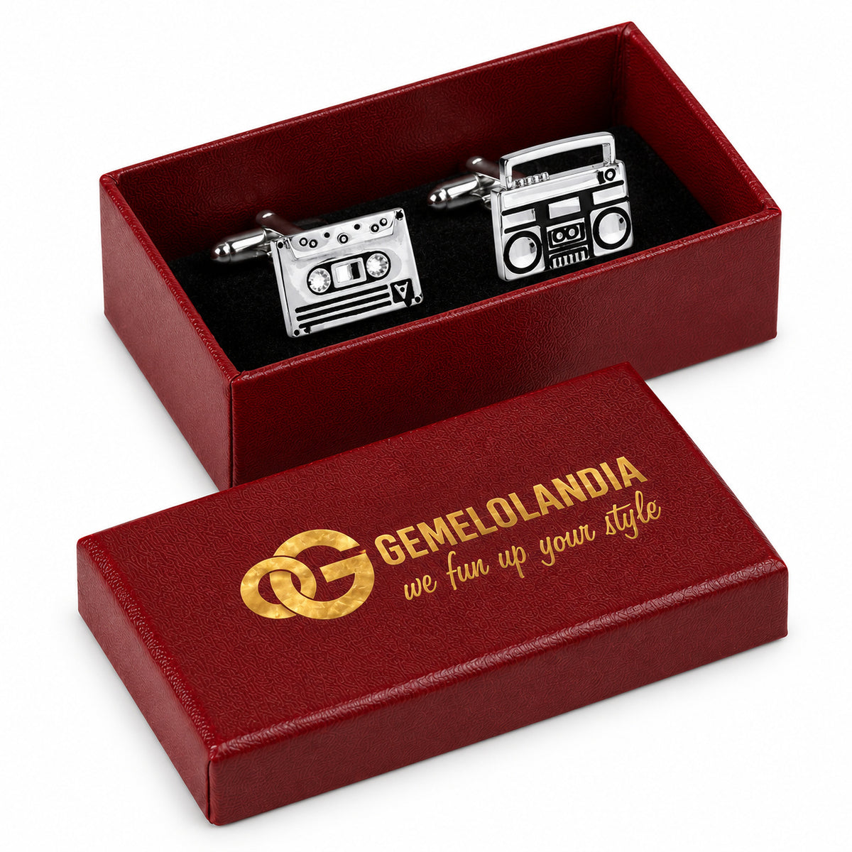 Gemelos Cinta y Radiocassette. Par en la caja burdeos Gemelolandia.