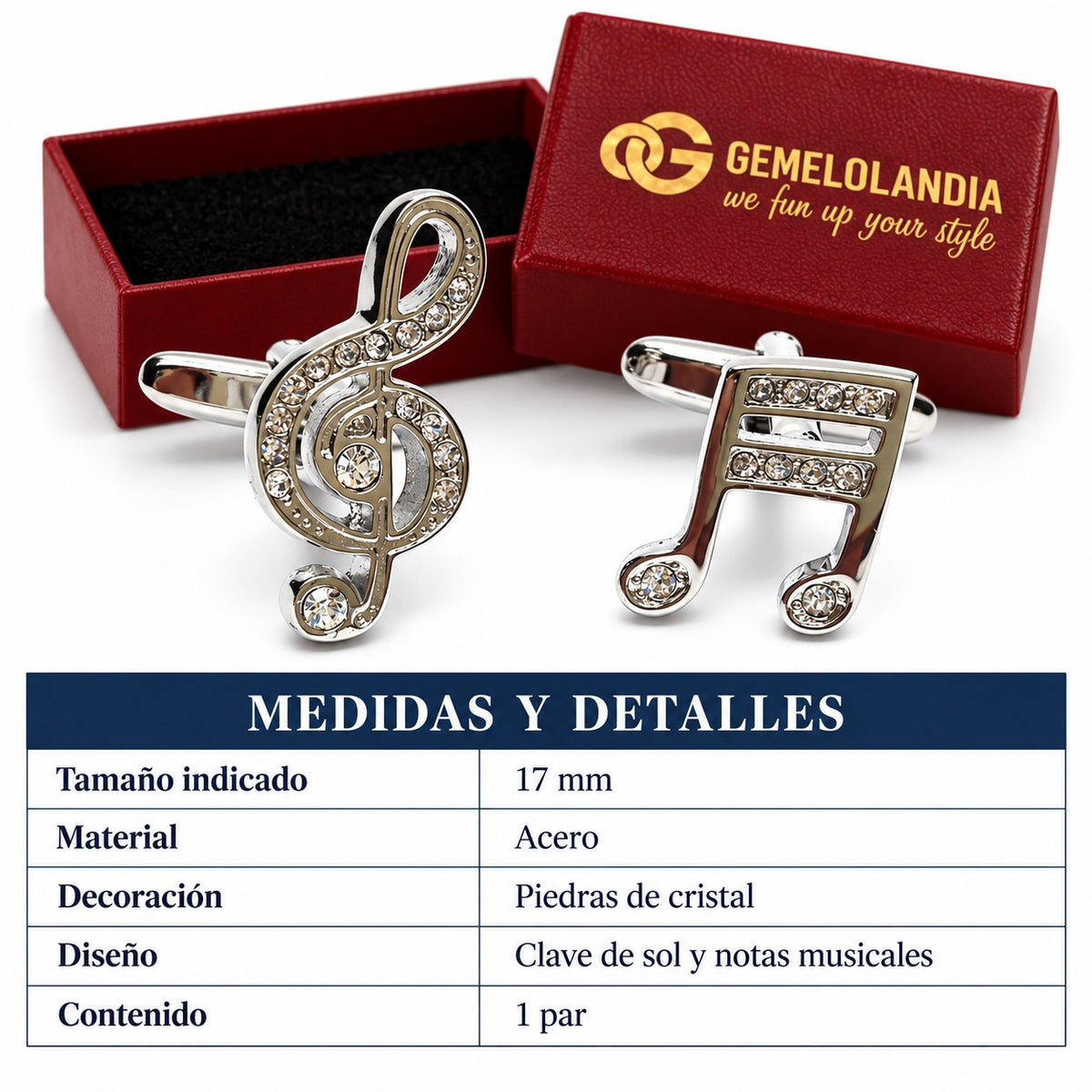 Gemelos para Camisa Clave Sol y Nota Musical Cristal