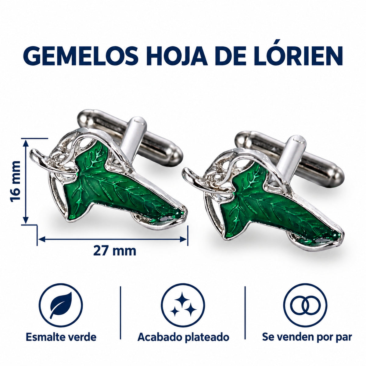 Gemelos de Camisa Hoja de Lorien Esmaltada 2,7 x 1,6 cm. Infografía de características verificadas.