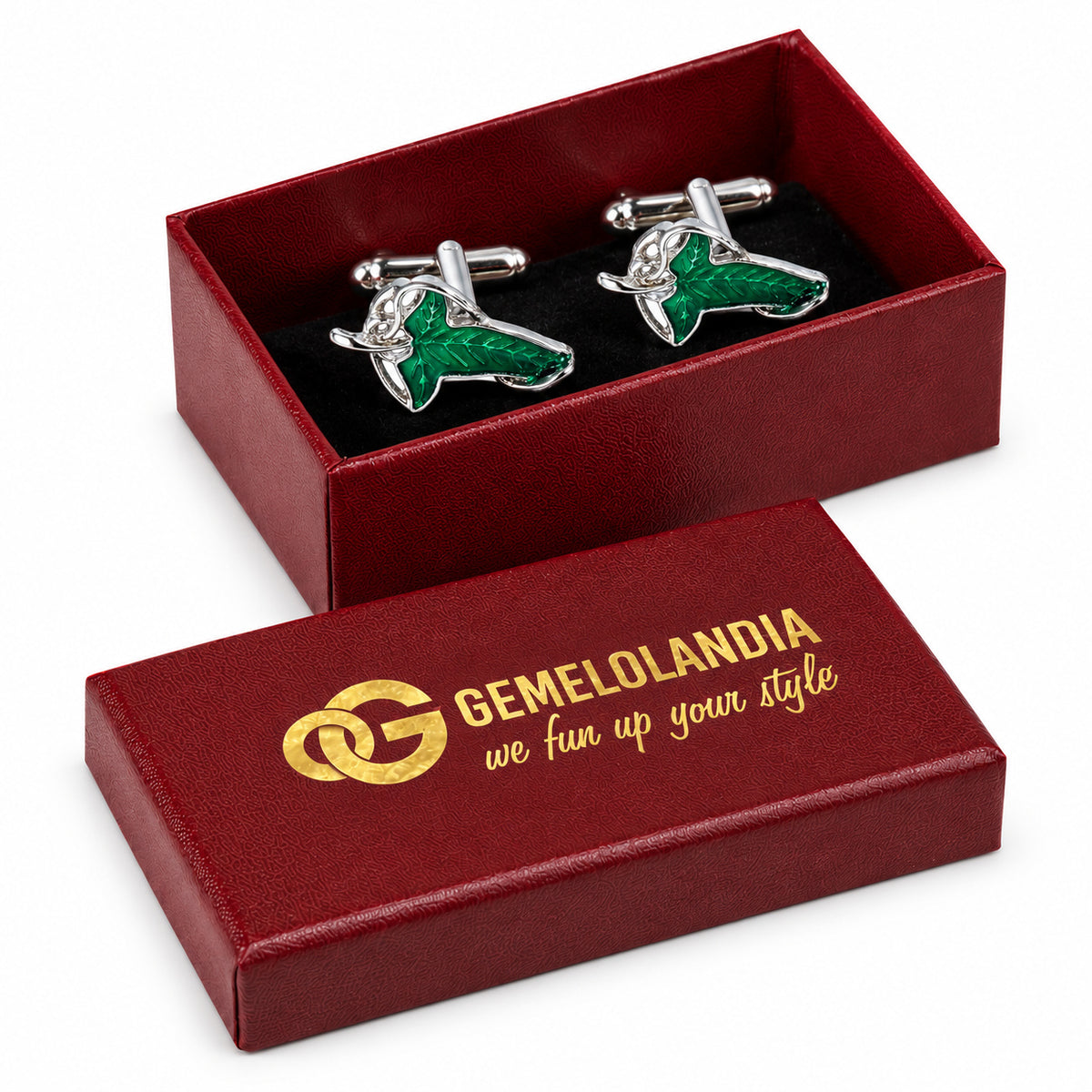 Gemelos de Camisa Hoja de Lorien Esmaltada 2,7 x 1,6 cm. Par en la caja burdeos Gemelolandia.