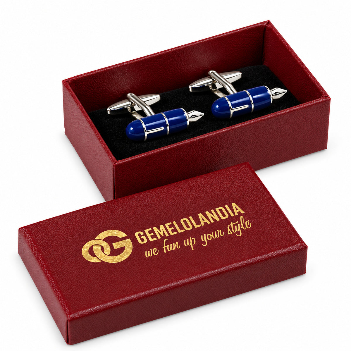 Gemelos Pluma Estilográfica Azul. Par en la caja burdeos Gemelolandia.