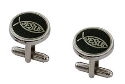 Gemelos para camisa Ichtus Pez Cristiano Rounded Acero y Negro