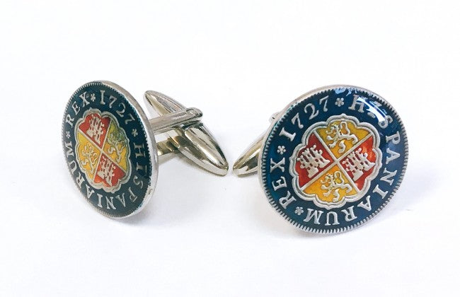 Gemelos para Camisa Replica Moneda 1 Real Español Felipe V 1727 Escudo Anverso